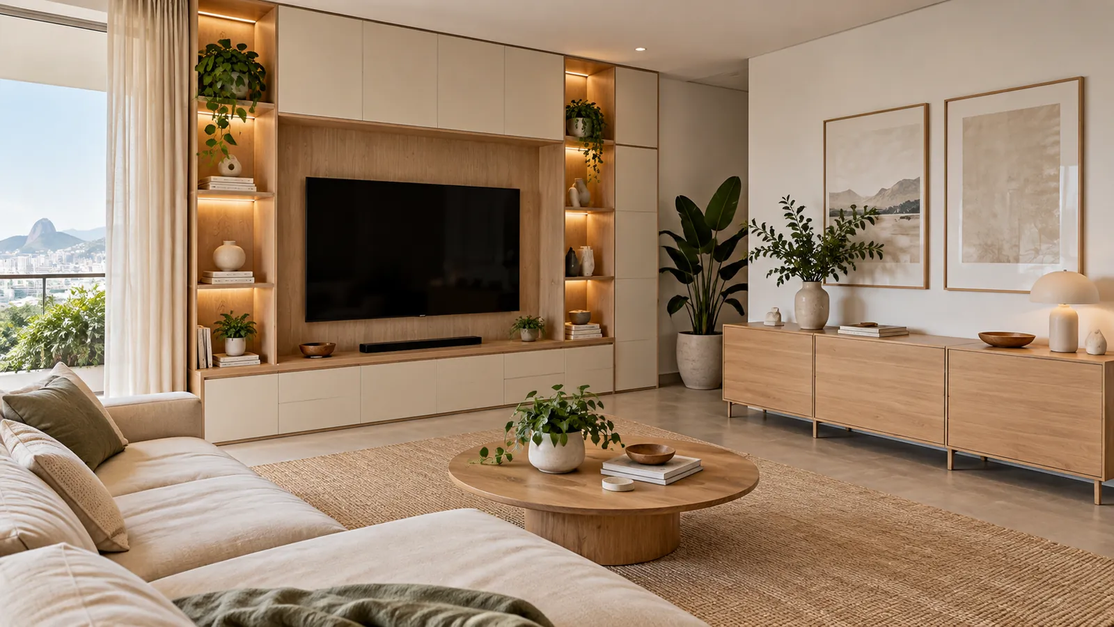 Sala com painel planejado em carvalho e branco e aparador formado por módulos