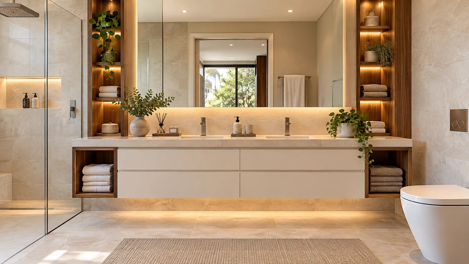 Banheiro planejado com gavetas off-white e nichos amadeirados