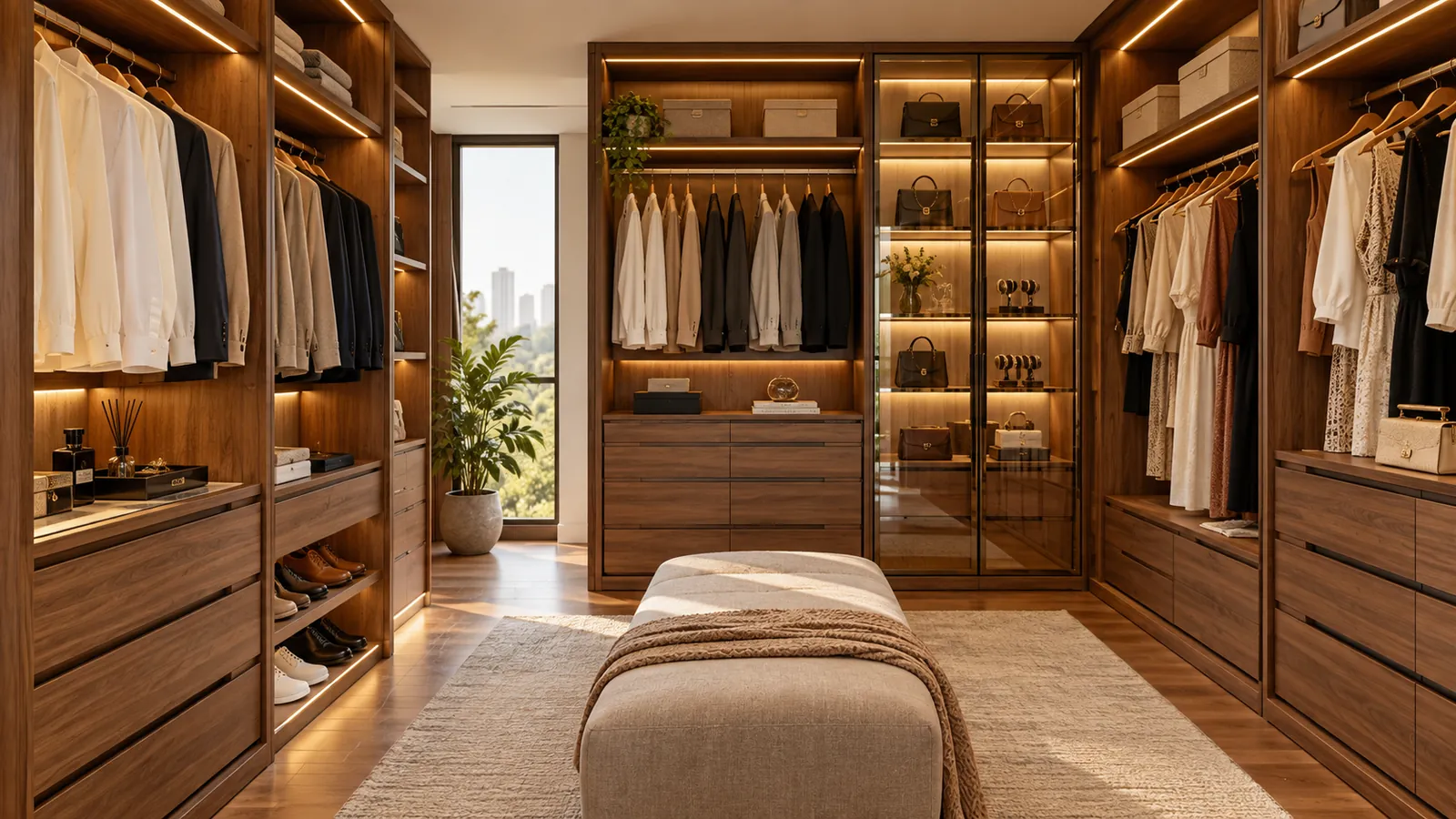 Closet planejado amadeirado com gavetas, cabideiros e iluminação
