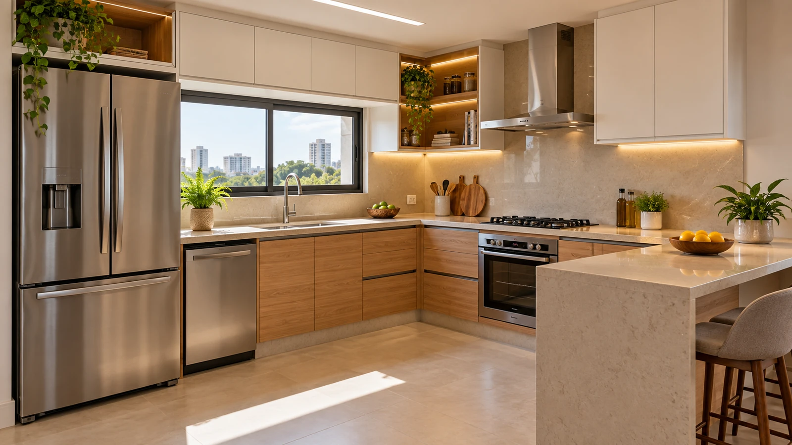 Cozinha modulada branca com gaveteiros e módulos amadeirados