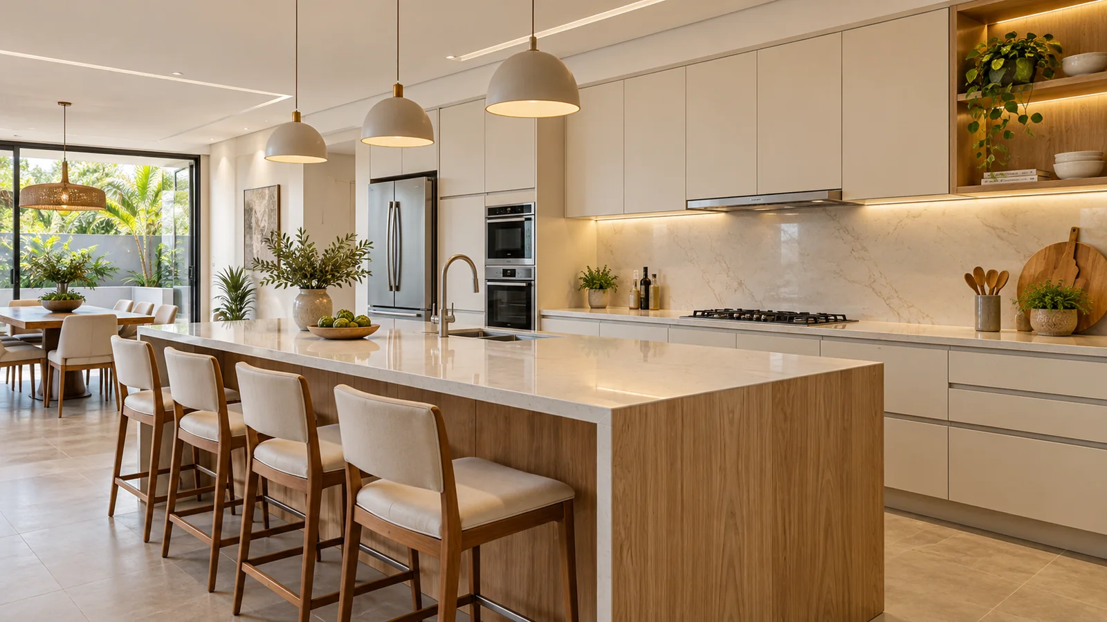 Cozinha planejada off-white com ilha e detalhes em madeira
