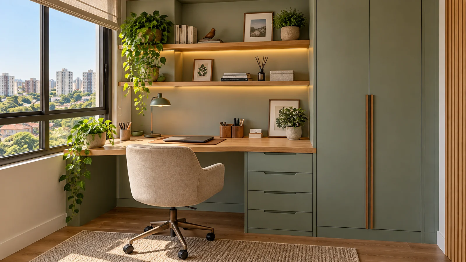 Home office compacto com bancada e estantes sob medida