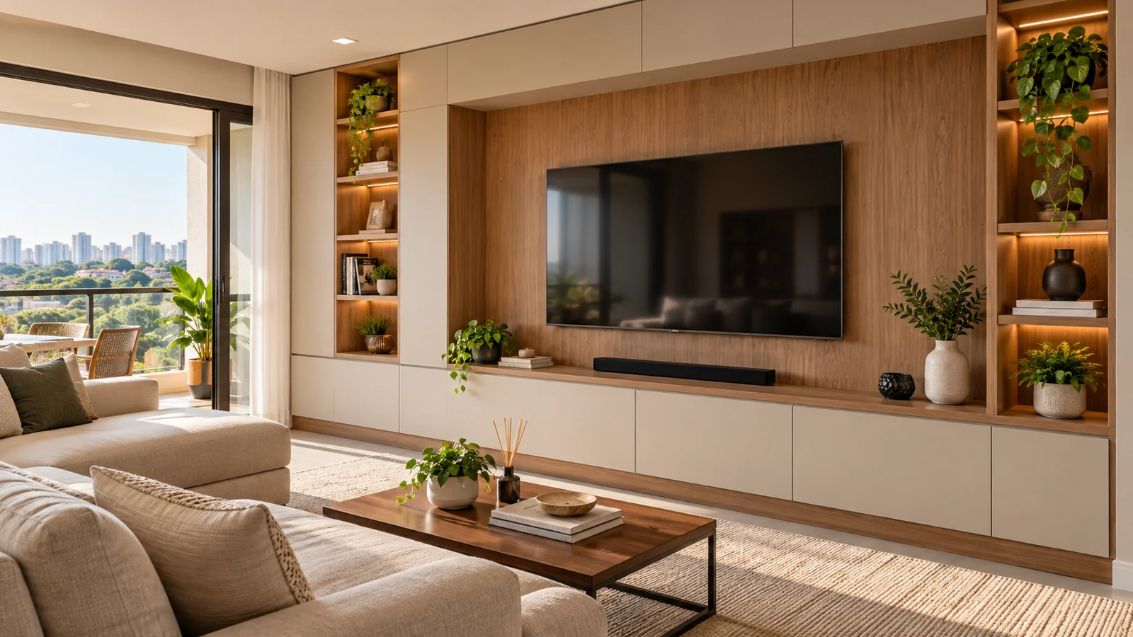 Painel amadeirado com rack de MDF e portas off-white
