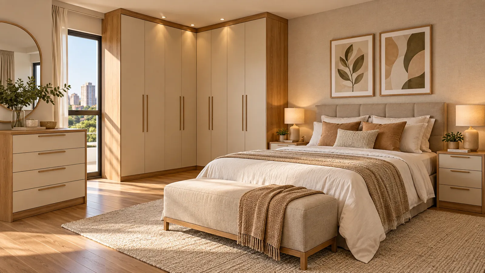 Quarto com guarda-roupa e gaveteiro modulados em tons claros