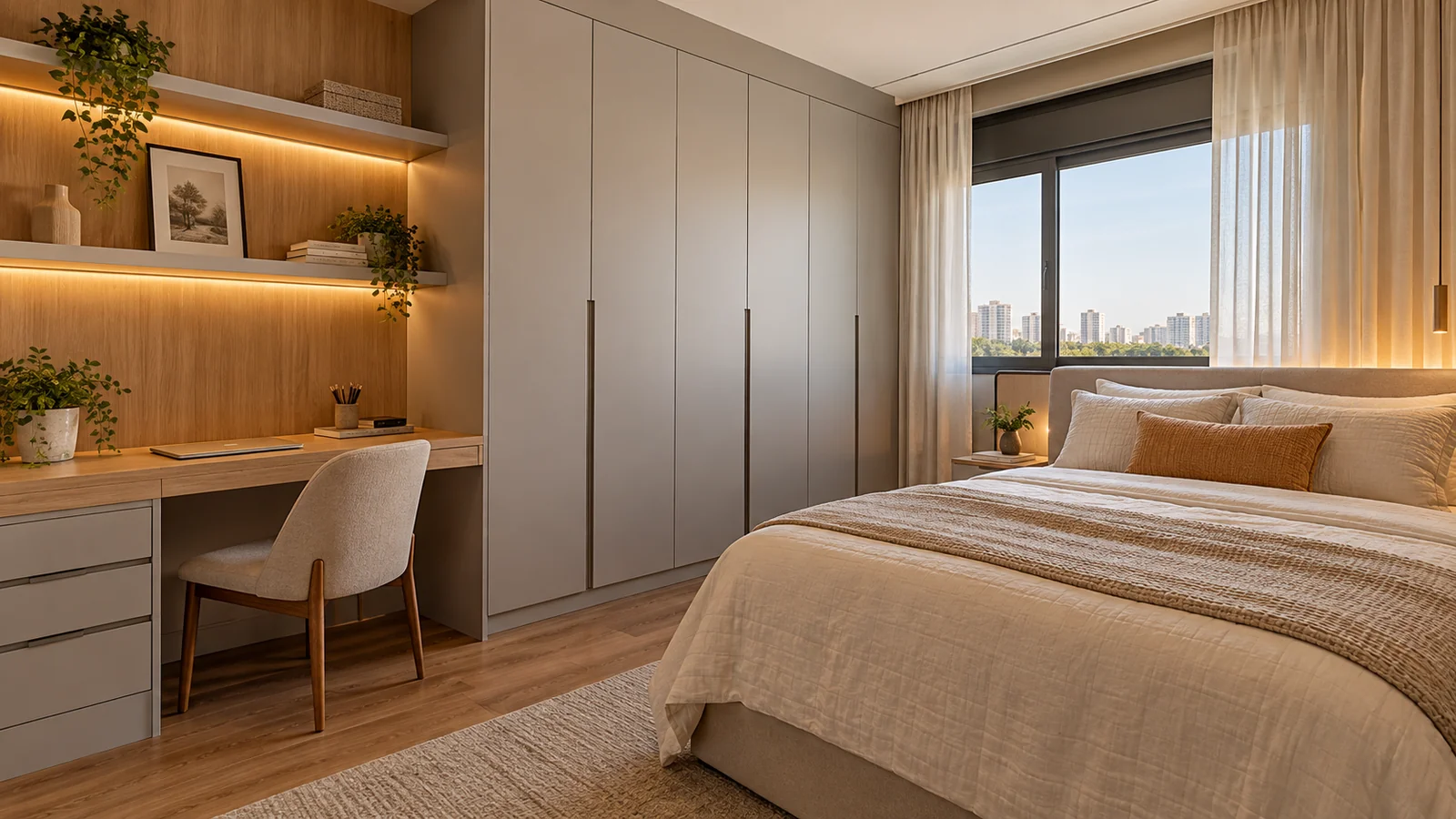 Quarto planejado com bancada de estudo e guarda-roupa