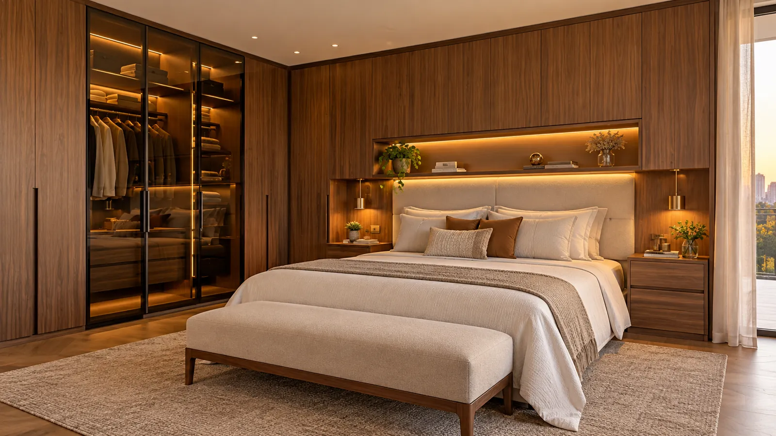 Quarto planejado com closet integrado e acabamentos em madeira