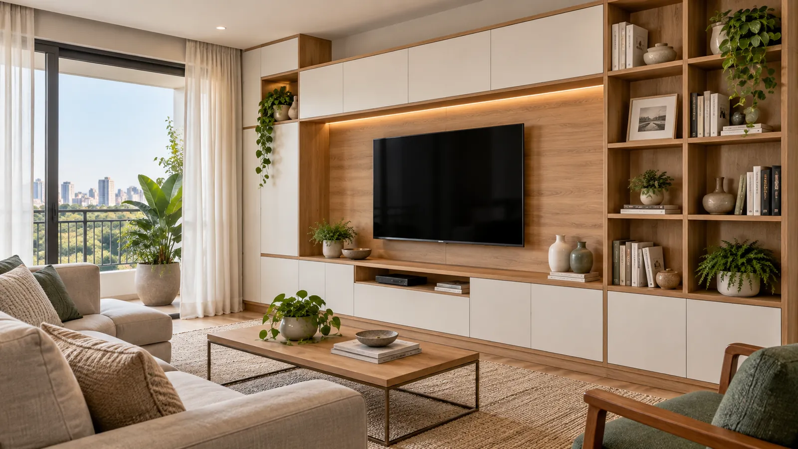Sala com rack e estante de módulos combinados em madeira