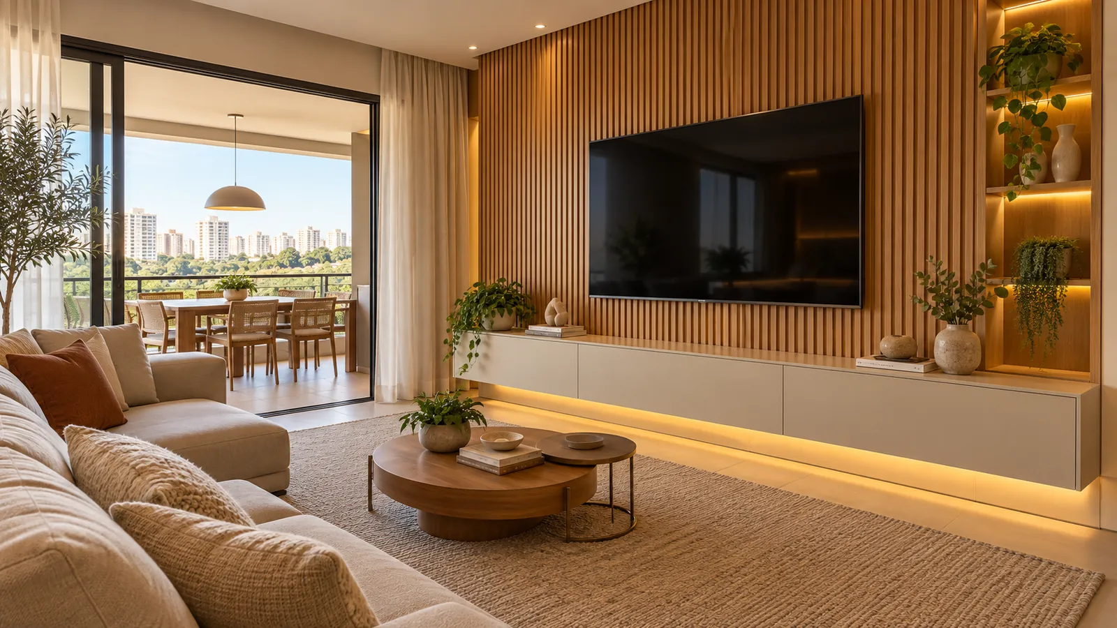 Sala planejada com painel ripado em madeira e rack suspenso