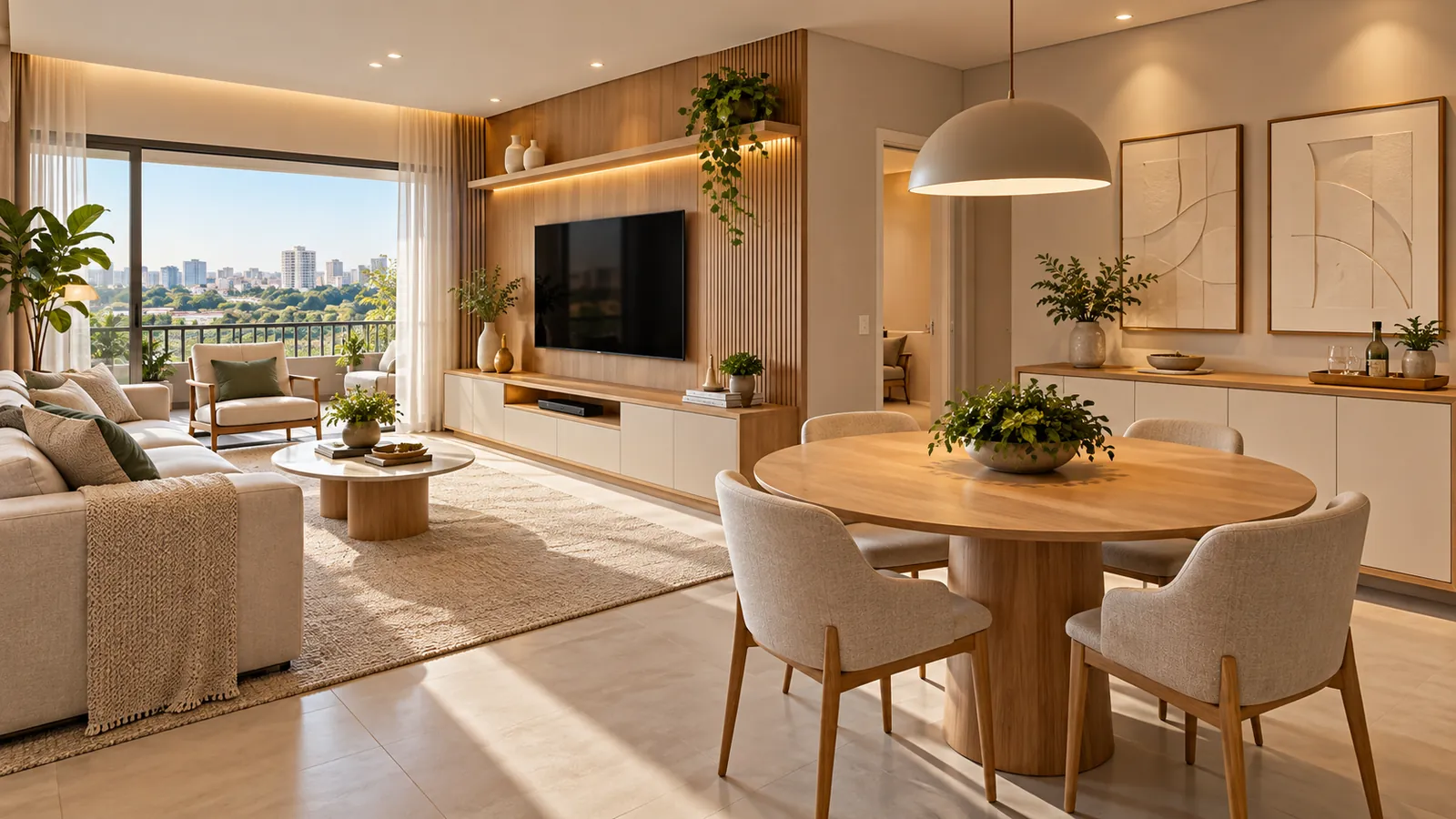 Sala integrada com rack e buffet planejados em madeira clara